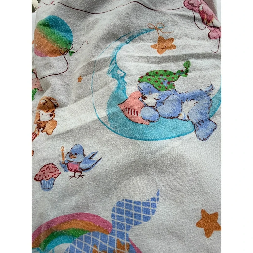 Vintage Care Bears Flannel Fitted Sheet 1980s Retro Bedding Fabric